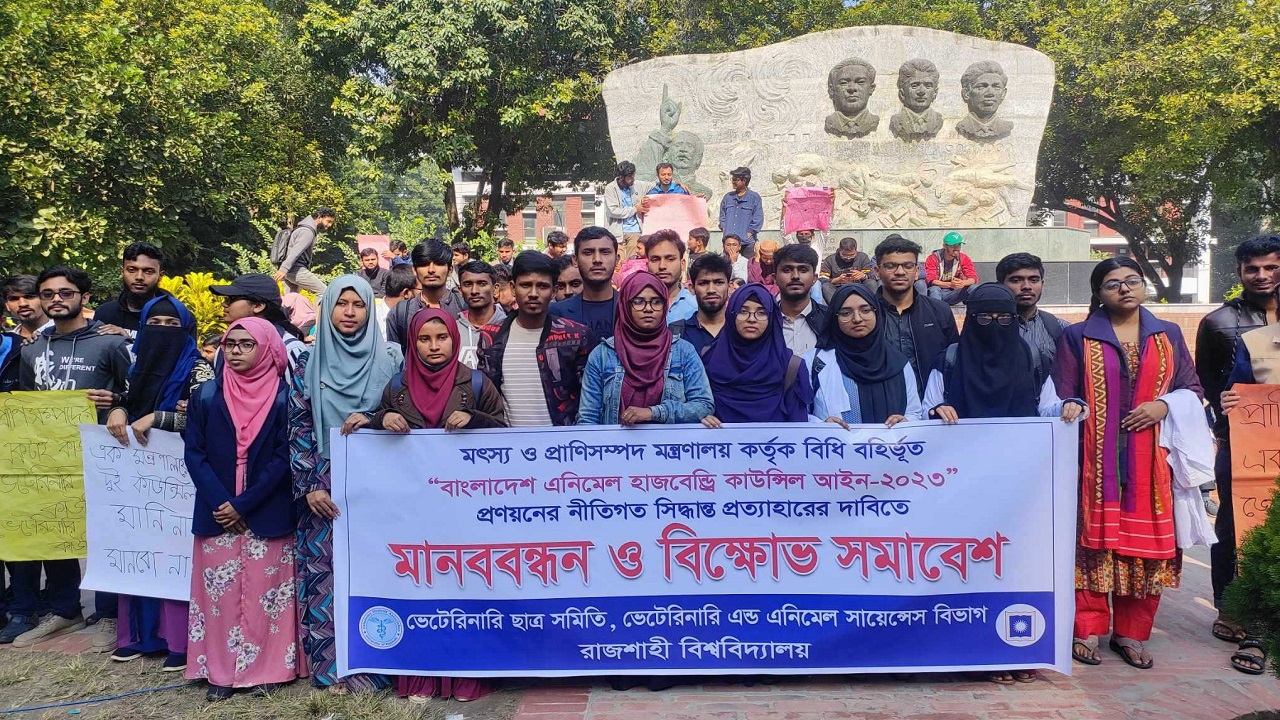 রাজশাহী বিশ্ববিদ্যালয়ের ভেটেরিনারি অ্যান্ড এনিমেল সায়েন্স বিভাগের শিক্ষার্থীদের মানববন্ধন। ছবি : কালবেলা