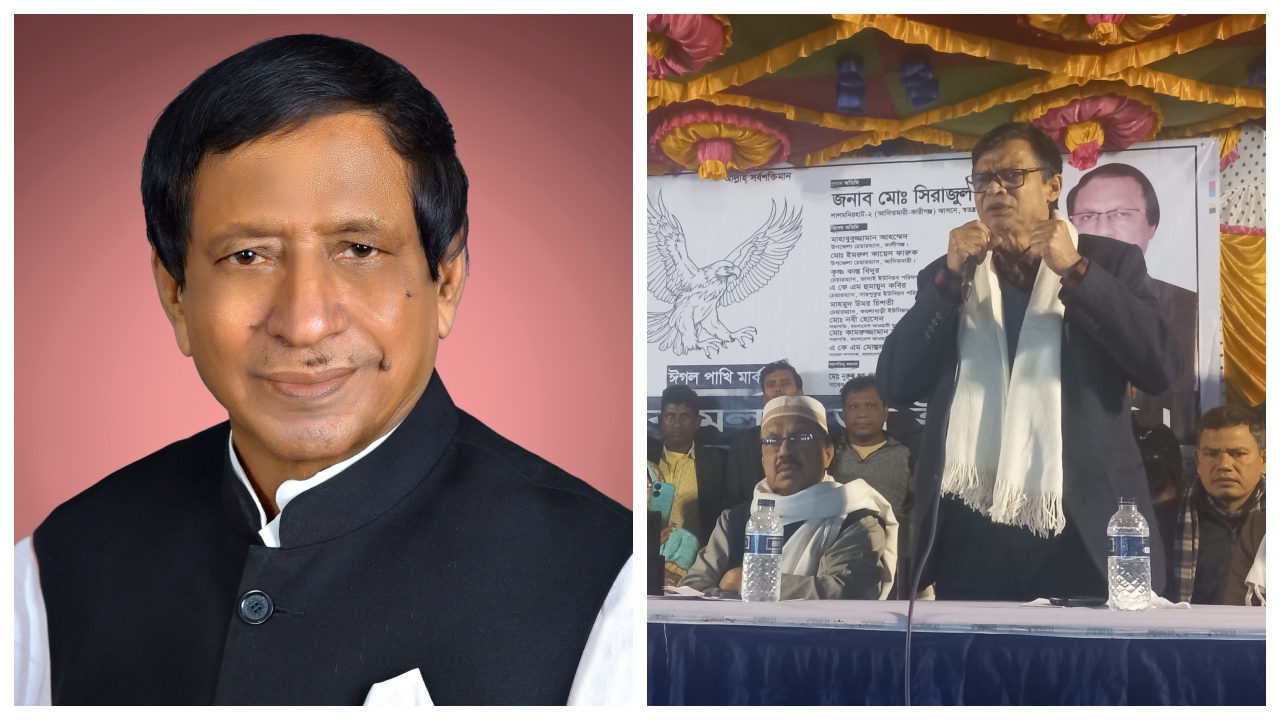 সমাজকল্যাণমন্ত্রী নুরুজ্জামান আহমেদ (বামে), স্বতন্ত্র প্রার্থীর নির্বাচনী জনসভায় বক্তব্য দিচ্ছেন মন্ত্রীর আপন ছোট মাহবুবুজ্জামান আহমেদ (ডানে)। ছবি : সংগৃহীত
