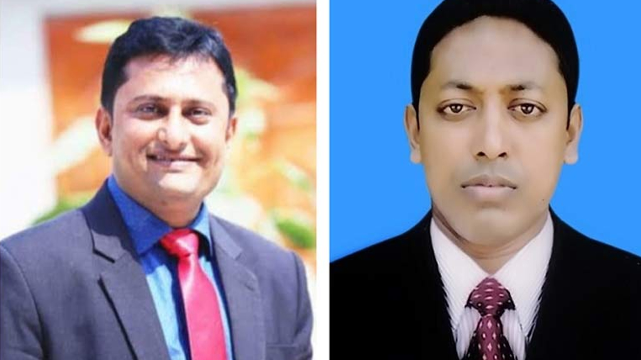 নোবিপ্রবি অফিসার্স অ্যাসোসিয়েশনের সভাপতি মেজবাহ উদ্দিন পলাশ (বামে) ও সাধারণ সম্পাদক ইবনে ওয়াজিদ ইসলাম ইমন (ডানে)। ছবি : কালবেলা