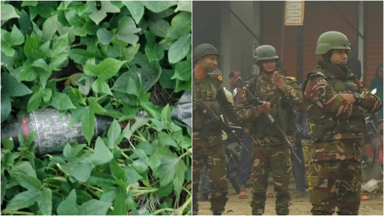 উদ্ধার করা মর্টার শেল (বাঁয়ে) এবং সেনাবাহিনীর অভিযান। ছবি : কালবেলা