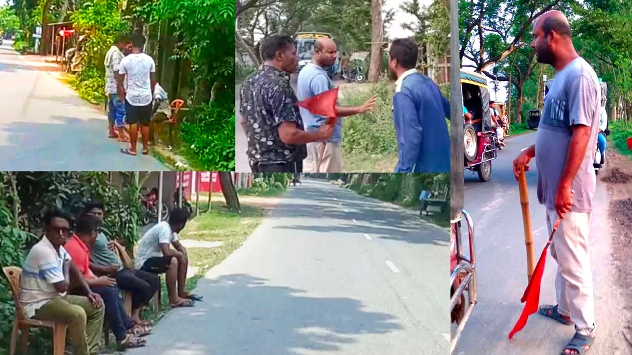সাতক্ষীরা-আশাশুনি সড়কে লাল বাহিনীর চাঁদাবাজি। ছবি : কালবেলা