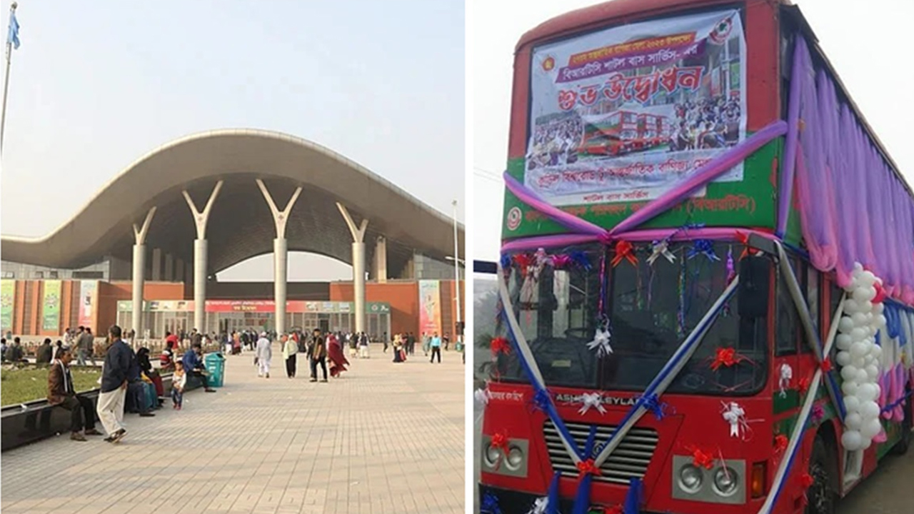 আন্তর্জাতিক বাণিজ্য মেলায় যাত্রীদের যাতায়াতের সুবিধার্তে বিআরটিসির বাস সার্ভিস চালু। ছবি : সংগৃহীত