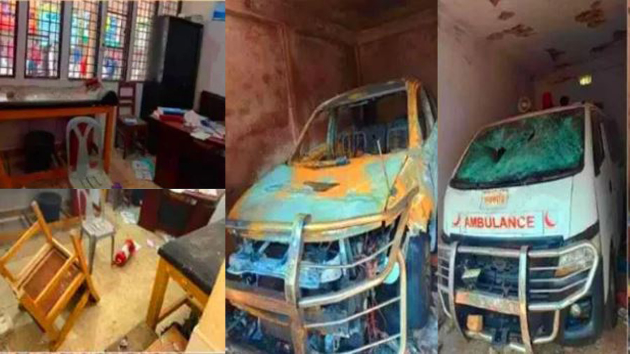 জৈন্তাপুর উপজেলা স্বাস্থ্য কমপ্লেক্সে ভাঙচুর ও গাড়িতে আগুন দেওয়ার ঘটনা ঘটে। ছবি : সংগৃহীত