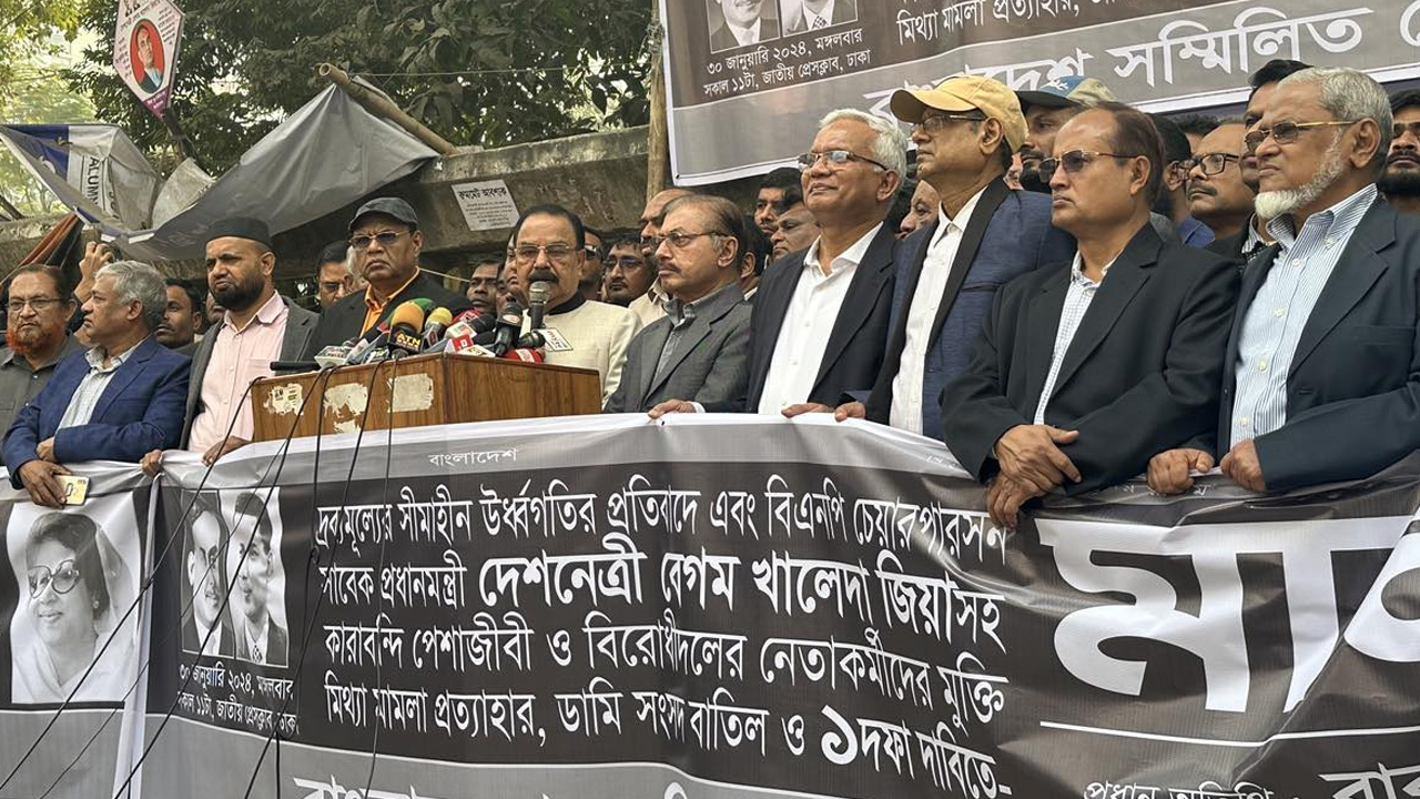 জাতীয় প্রেস ক্লাবের সামনে এক মানববন্ধনে প্রধান অতিথির বক্তব্য দেন গয়েশ্বর চন্দ্র রায়। ছবি : কালবেলা