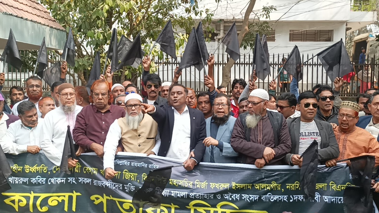 নরসিংদী জেলা বিএনপির কালো পতাকা মিছিল। ছবি : কালবেলা