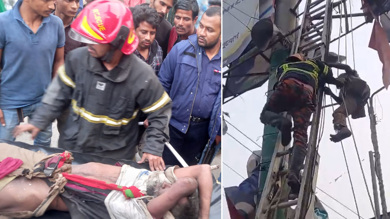 বিলবোর্ডের ওপরে উঠে বসে থাকা ব্যক্তিকে নিচে নামিয়ে আনে ফায়ার সার্ভিস। ছবি : সংগৃহীত