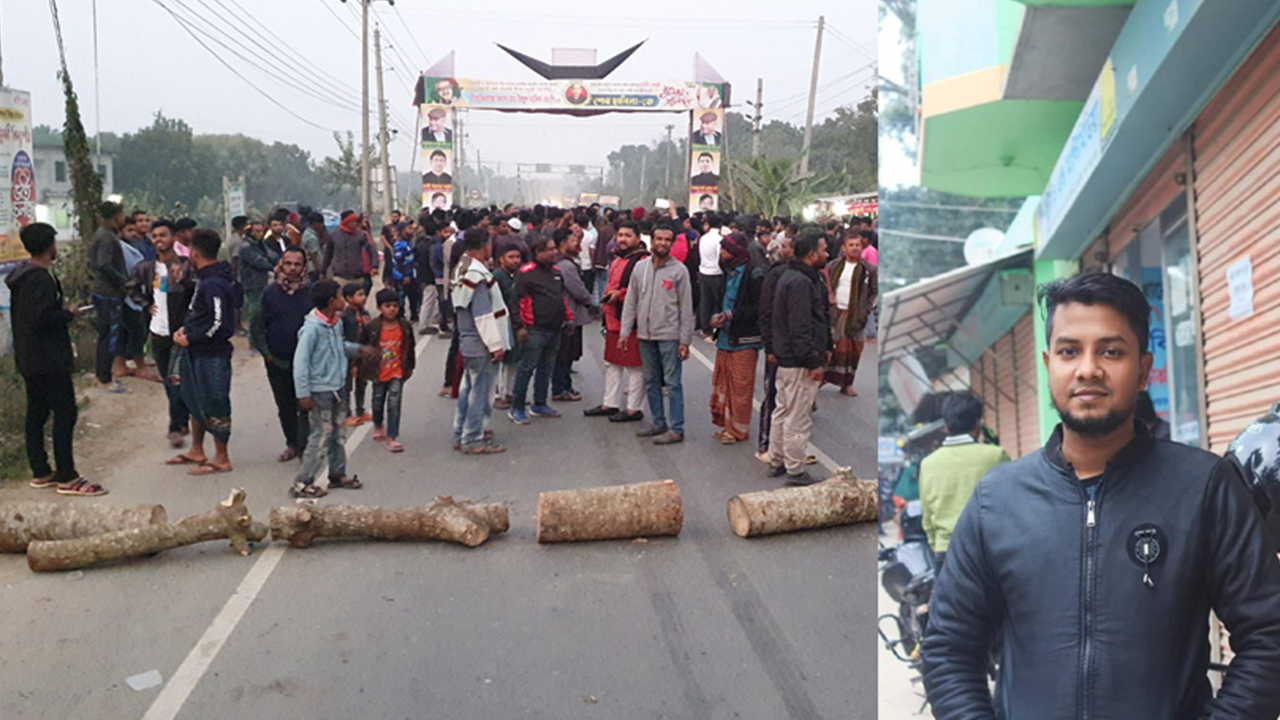 দুর্ঘটনার প্রতিবাদে ঢাকা-খুলনা মহাসড়কে গাছের গুঁড়ি ফেলে অবরোধ করে এলাকাবাসী (বাঁয়ে), নিহত রনি মন্ডল (৩০) (ডানে)। ছবি : কালবেলা