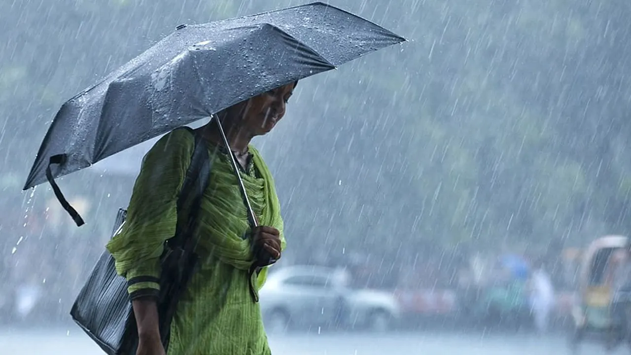 বৃষ্টিতে হেঁটে যাচ্ছেন নারী পথচারী। পুরোনো ছবি