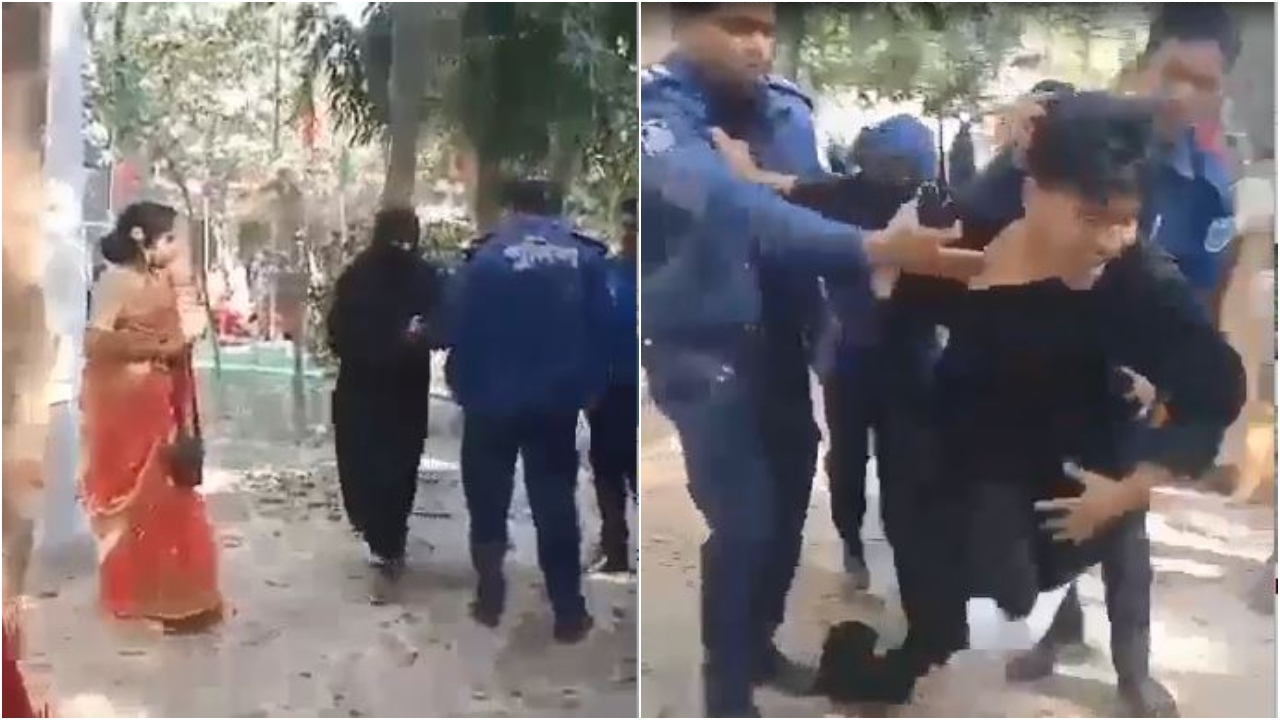 নাটোরে বালিকা বিদ্যালয়ের বার্ষিক সাংস্কৃতিক অনুষ্ঠানে বোরকা পরে ঢুকে পড়া সাকিব নামের এক ছাত্রকে আটক করে পুলিশ। ছবি : সংগৃহীত