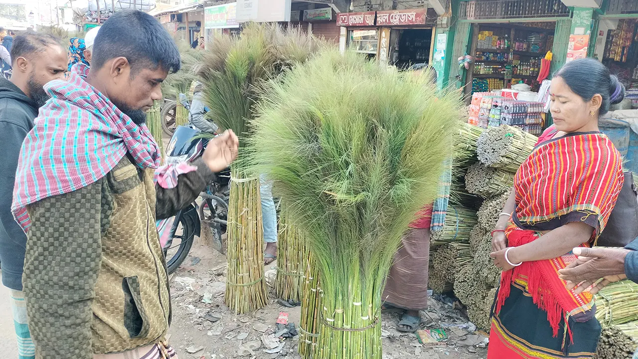 মাটিরাঙ্গা বাজারে ফুলঝাড়ু কিনতে ক্রেতাদের আগ্রহের কমতি নেই। ছবি : কালবেলা