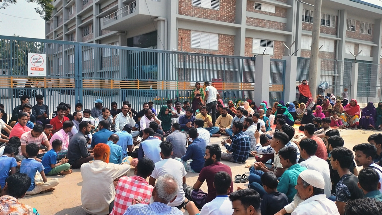 কেইপিজেডে কারখানাটির ফটকে অবস্থান কর্মসূচি পালন করছেন স্থানীয় চাকরি প্রার্থীরা। ছবি : কালবেলা