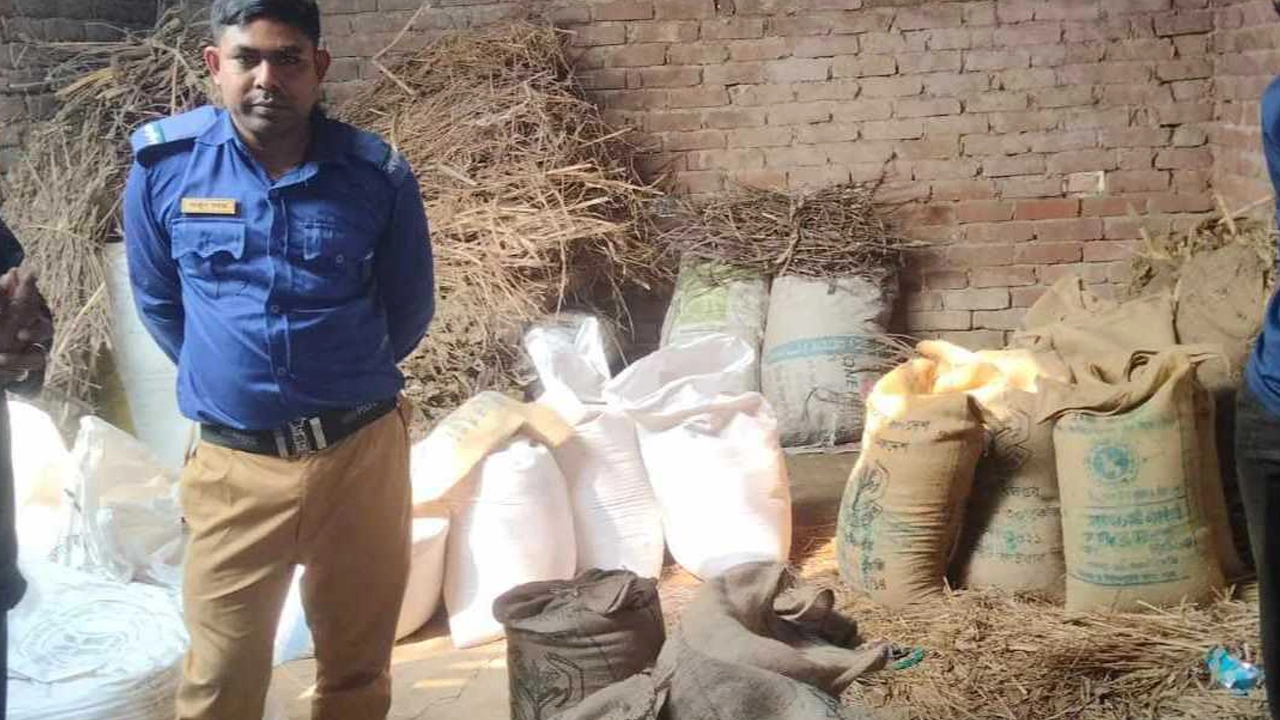 নওগাঁয় অভিযানে বিক্রির জন্য মজুত সরকারি চাল জব্দ করা হয়। ছবি : কালবেলা