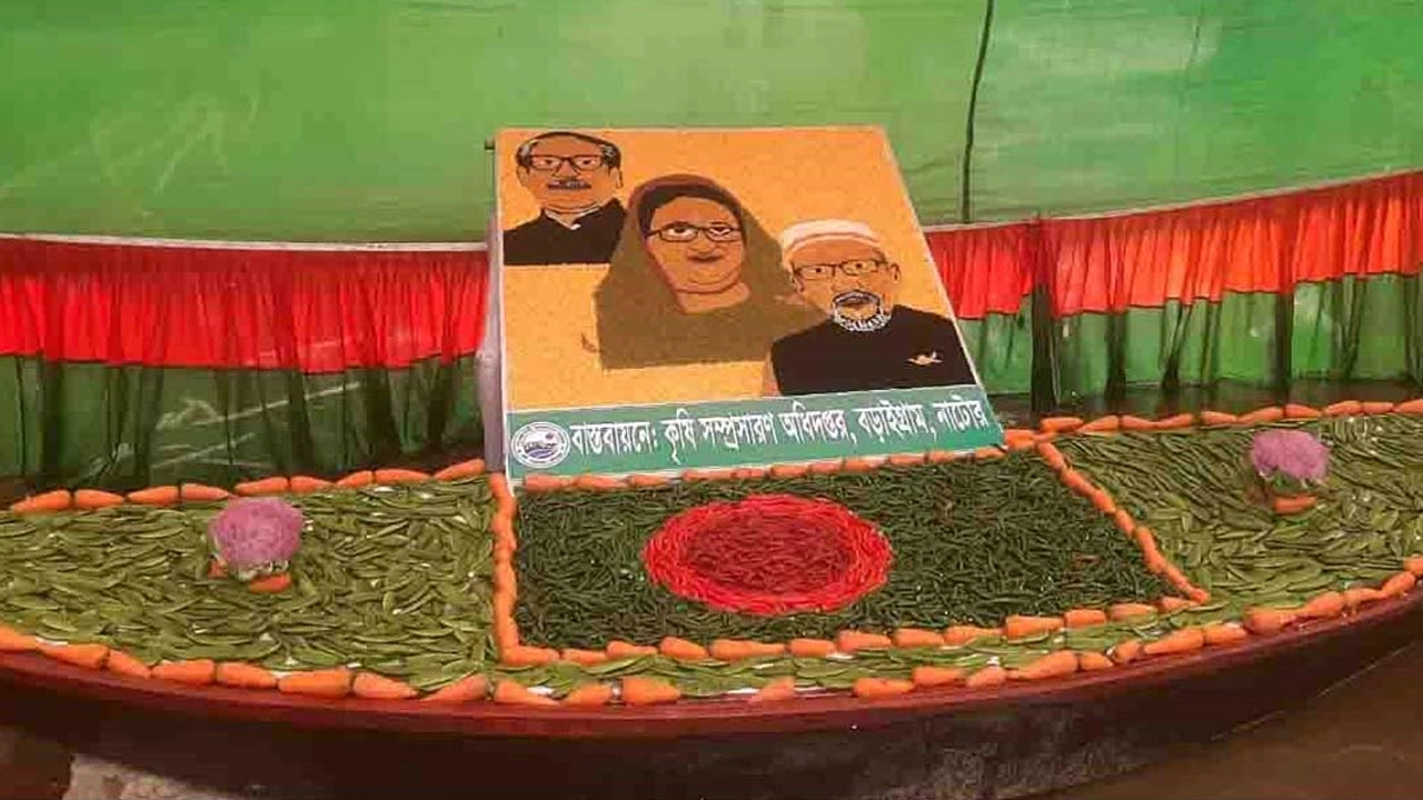 শস্যে বঙ্গবন্ধু ও প্রধানমন্ত্রী শেখ হাসিনার প্রতিকৃতি। ছবি : কালবেলা