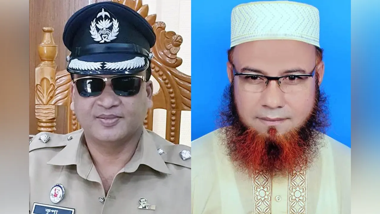 বগুড়া ধুনট থানার তৎকালীন ওসি কৃপা সিন্ধু বালা (বায়ে) ও ধর্ষণ মামলার আসামি প্রভাষক মুরাদুজ্জামান (ডানে)। ছবি : সংগৃহীত