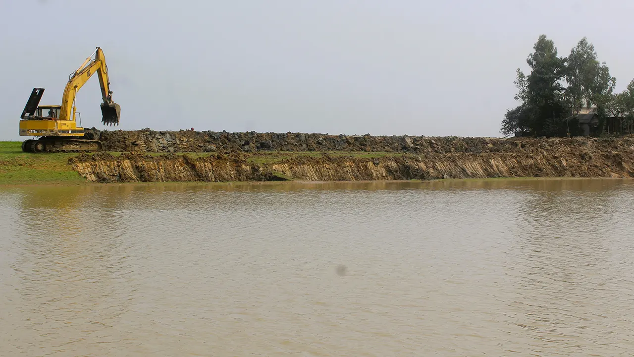 হবিগঞ্জের আজমিরীগঞ্জে হাওরের ফসল রক্ষা বেড়িবাঁধ নির্মাণ ও সংস্কার কাজ করে জেলা পানি উন্নয়ন বোর্ড। ছবি : কালবেলা