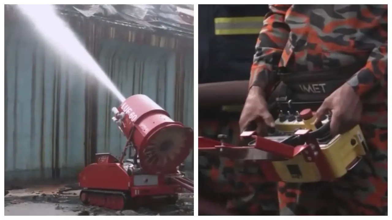রিমোট দিয়ে আগুন নেভানোর চেষ্টা করছে ফায়ার সার্ভিসের সদস্যরা। ছবি : কালবেলা