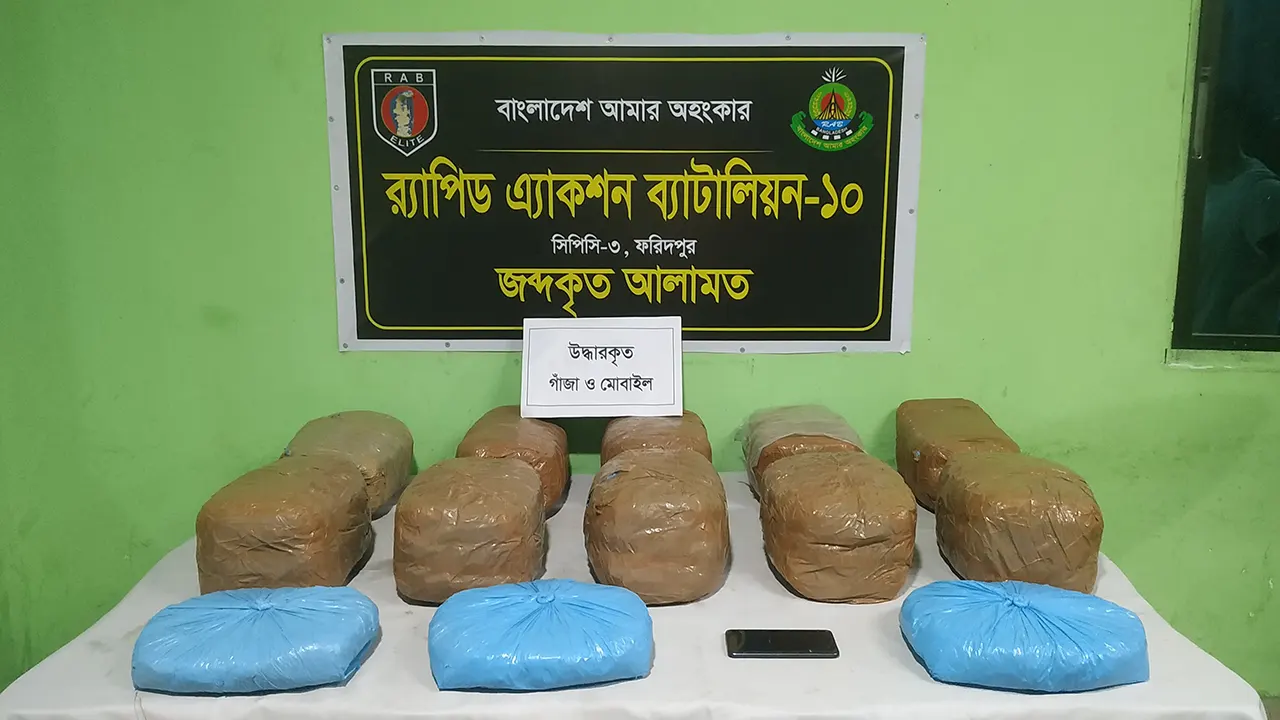 ফরিদপুরে র‌্যাবের হাতে জব্দকৃত মাদক ও মোবাইল। ছবি : সংগৃহীত