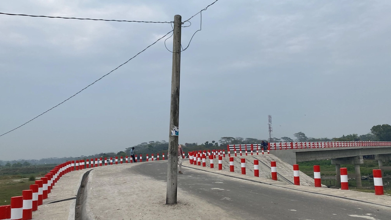 শরীয়তপুরে রাস্তার মাঝখানে বিদ্যুতের খুঁটি রেখেই সড়ক উন্নয়নের কাজ করা হয়েছে। ছবি : কালবেলা