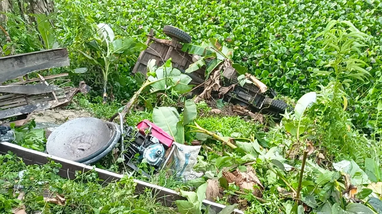 কাভার্ড ভ্যানের সঙ্গে মুখোমুখি সংঘর্ষ হলে নছিমনটি ছিটকে খালে পড়ে যায়। ছবি : কালবেলা
