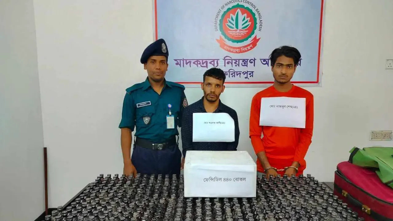 ফেনসিডিল সরবারহকালে ফরিদপুরের বোয়ালমারী থেকে দুই যুবককে আটক করা হয়। ছবি : কালবেলা