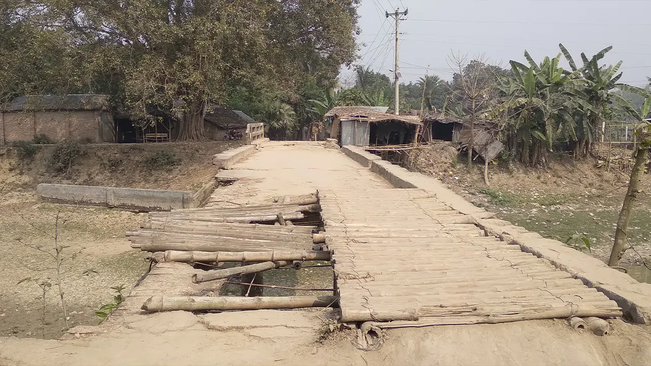 আলমডাঙ্গা মেইন খালের ওপর নির্মিত সেতুটি দীর্ঘদিন ভেঙে পড়ে আছে। ছবি : কালবেলা