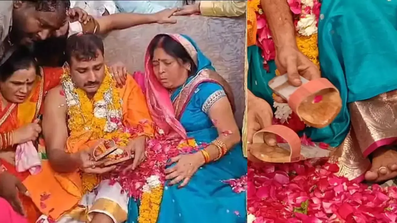 নিজের শরীরের চামড়া কেটে মায়ের জন্য বানানো জুতা হাতে সন্তান। ছবি : ভিডিও থেকে নেওয়া।