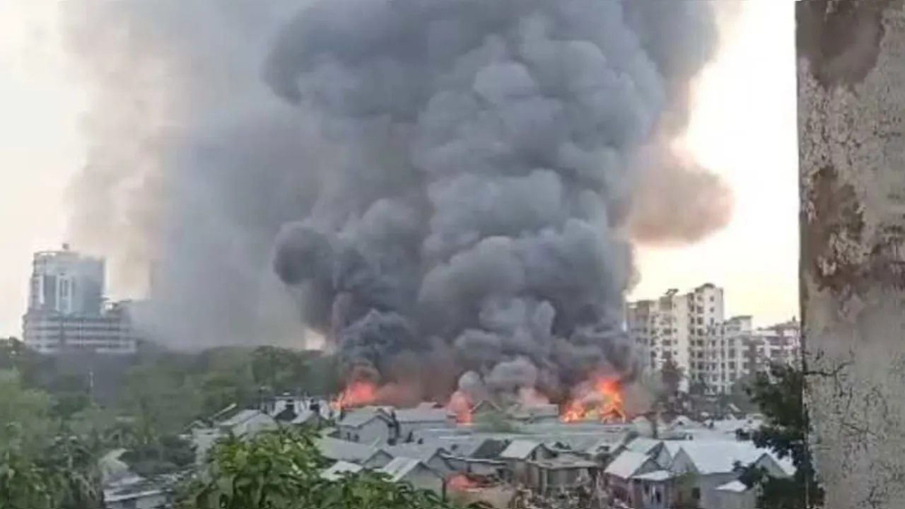রাজধানীর বনানীর গোডাউন বস্তিতে ভয়াবহ অগ্নিকাণ্ডের ঘটনা ঘটেছে। ছবি : ভিডিও থেকে