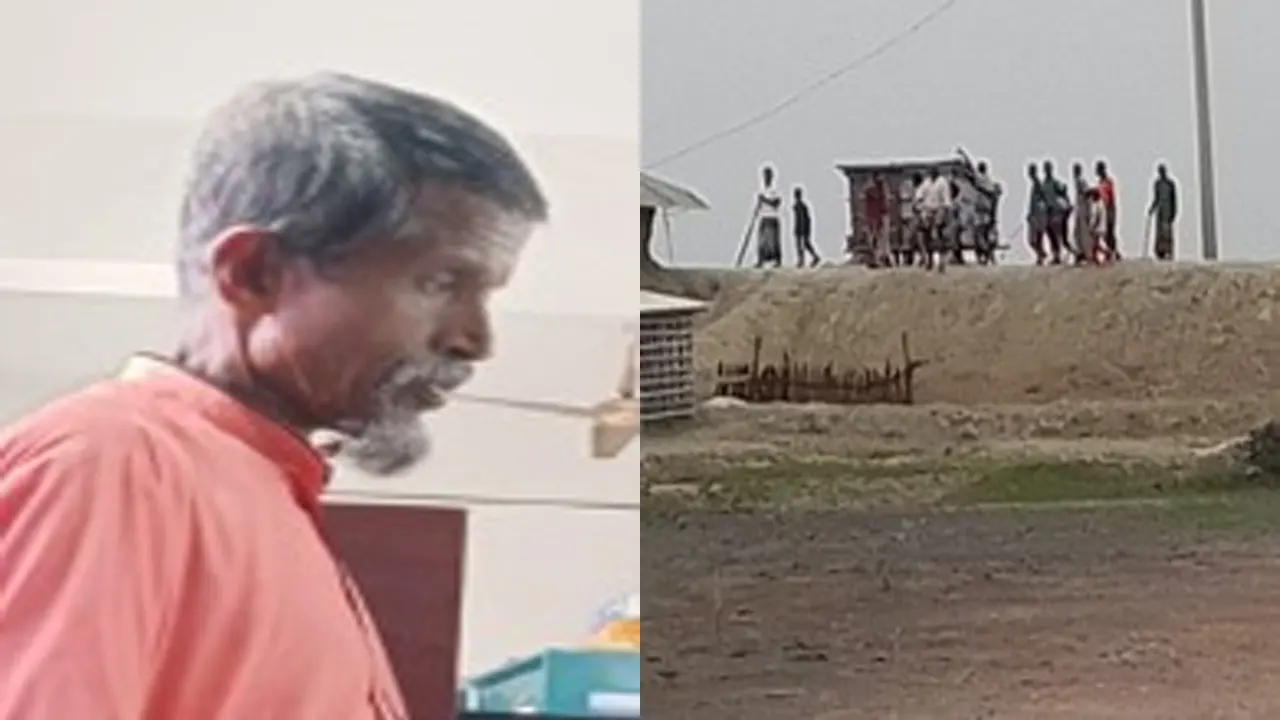 কোপাত মোড়ল (বামে) ও কোপাত বাহিনী কর্তৃক দিনে দুপুরে দেশীয় অস্ত্রে মহড়া (ডানে)।