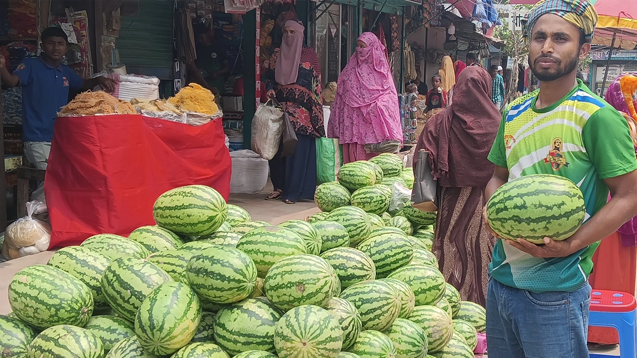 কুড়িগ্রামের উলিপুরে তরমুজ বিক্রির অপেক্ষায় এক ব্যবসায়ী। ছবি : কালবেলা
