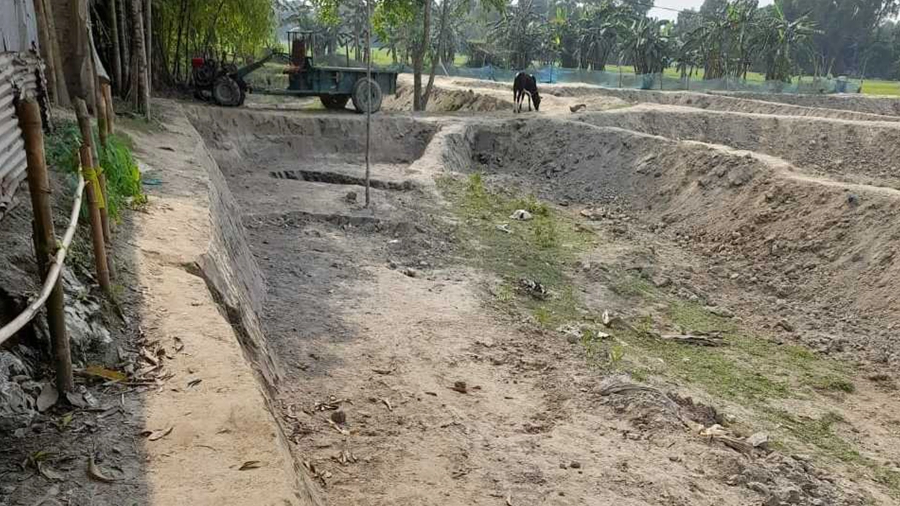 নেত্রকোনার কেন্দুয়ায় সরকারি রাস্তার মাটি কেটে পুকুর খননের অভিযোগ। ছবি : কালবেলা