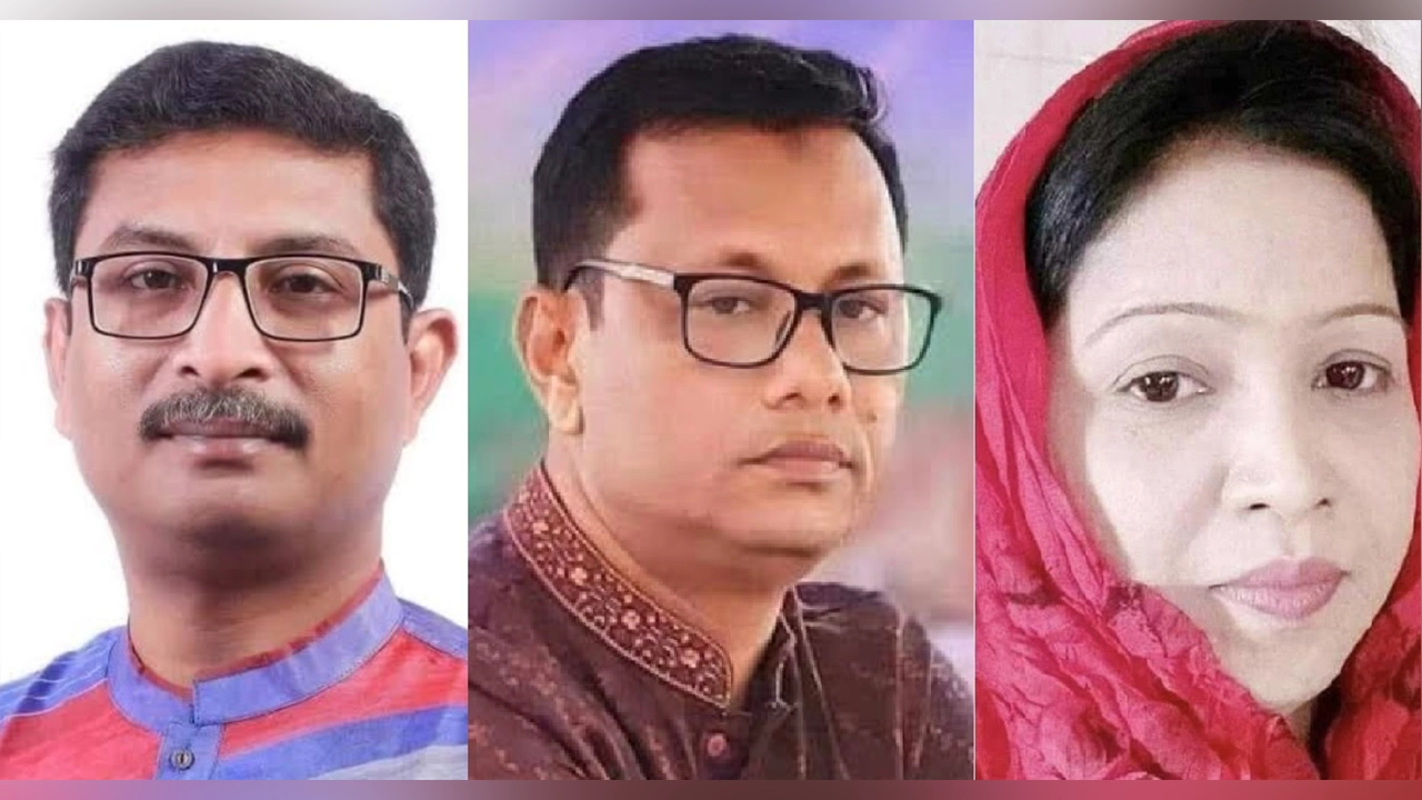 চেয়ারম্যান প্রার্থী মো. আমিনুল ইসলাম টুটুল, ভাইস চেয়ারম্যান প্রার্থী আহমেদ নিয়াজ পাবেল ও ভাইস চেয়ারম্যান (নারী) প্রার্থী হোসনেয়ারা বকুল (বা থেকে ডানে)। ছবি : সংগৃহীত