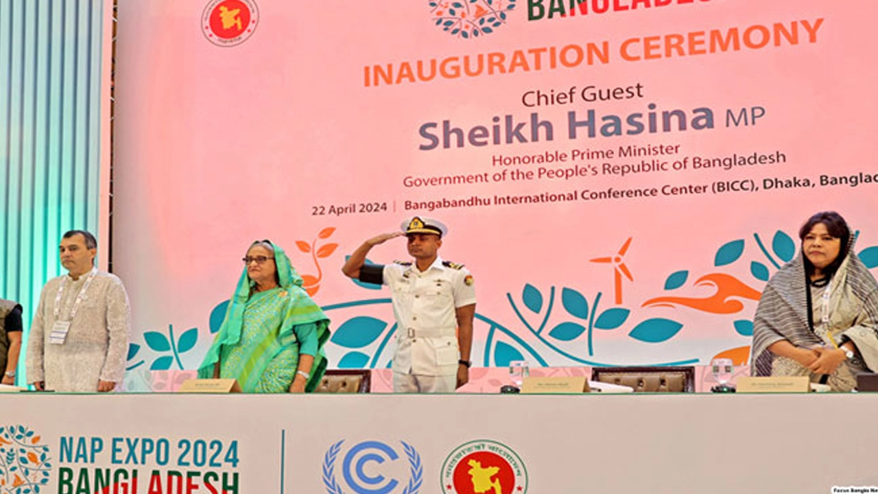 বঙ্গবন্ধু আন্তর্জাতিক সম্মেলনকেন্দ্রে জলবায়ু পরিবর্তন মোকাবিলাবিষয়ক আন্তর্জাতিক ফোরাম ‘ন্যাপ এক্সপো-২০২৪’ এর উদ্বোধন করেছেন প্রধানমন্ত্রী। ছবি : সংগৃহীত