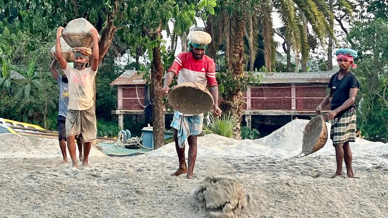 বালু টানার কাজ করছেন কয়েকজন শ্রমিক। ছবি : কালবেলা