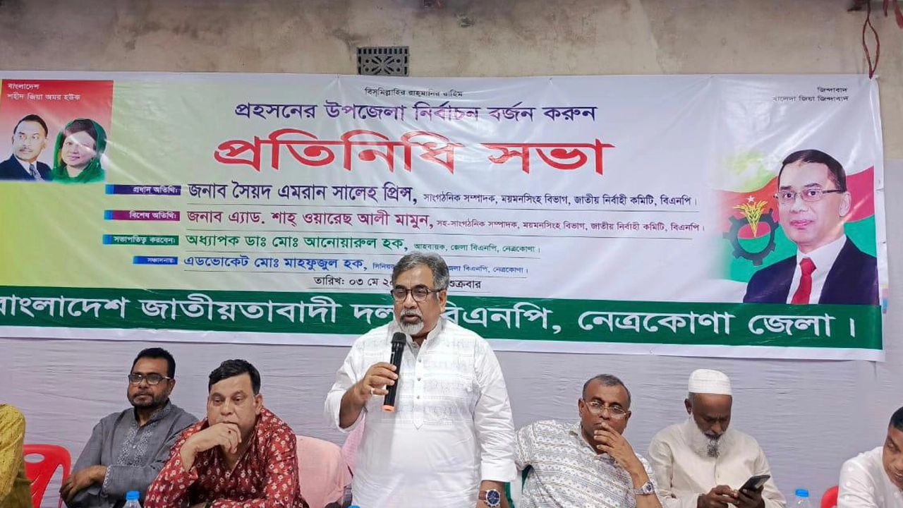 নেত্রকোনায় প্রতিনিধি সভায় বক্তব্য দিচ্ছেন বিএনপির সাংগঠনিক সম্পাদক সৈয়দ এমরান সালেহ প্রিন্স। ছবি : কালবেলা