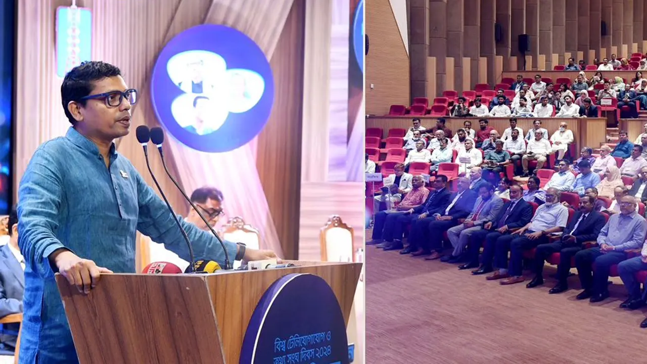 ওসমানী স্মৃতি মিলনায়তনে জাতীয় পর্যায়ে বিশ্ব টেলিযোগাযোগ ও তথ্য সংঘ দিবস-২০২৪ উদযাপন উপলক্ষে আয়োজিত অনুষ্ঠানে কথা বলেন জুনাইদ আহমেদ পলক। ছবি : কালবেলা