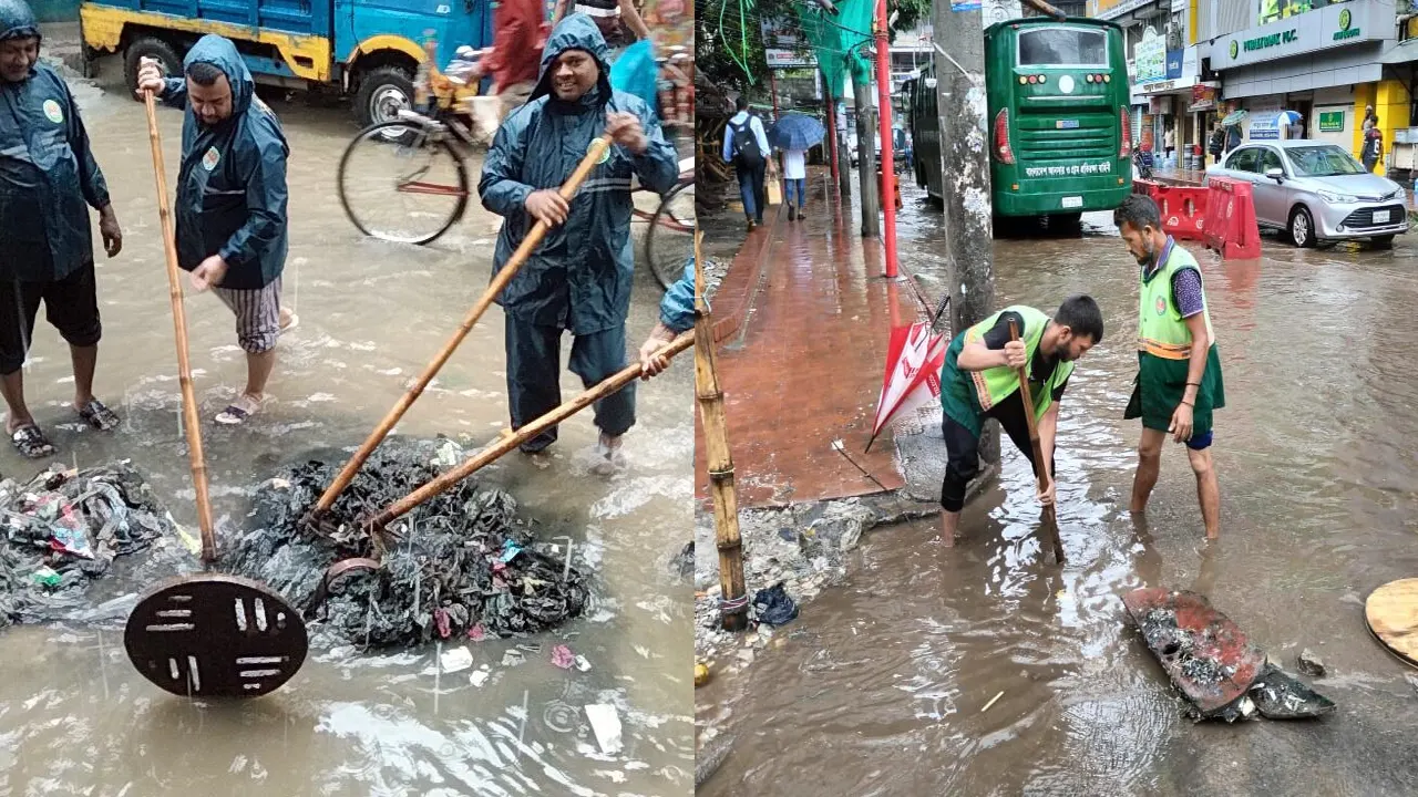 জলাবদ্ধতা নিরসনে কাজ করছেন ঢাকা দক্ষিণ সিটি করপোরেশনের কর্মীরা। ছবি : কালবেলা