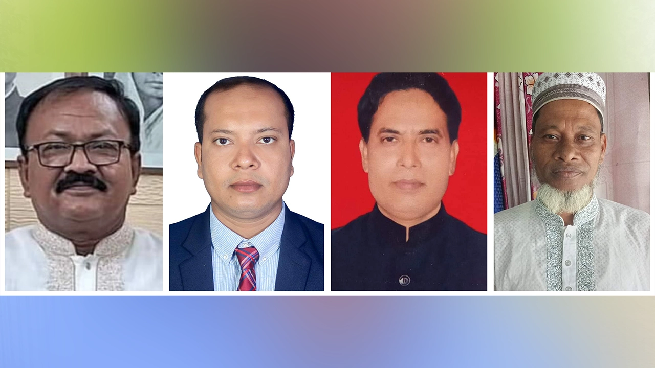 বাঁ থেকে চেয়ারম্যান প্রার্থী মজিবুল হক মানিক, মহি উদ্দিন, নুর আলম মিষ্টার ও ভাইস চেয়ারম্যান প্রার্থী মো. আইয়ুব আলী হায়দার। ছবি : কালবেলা