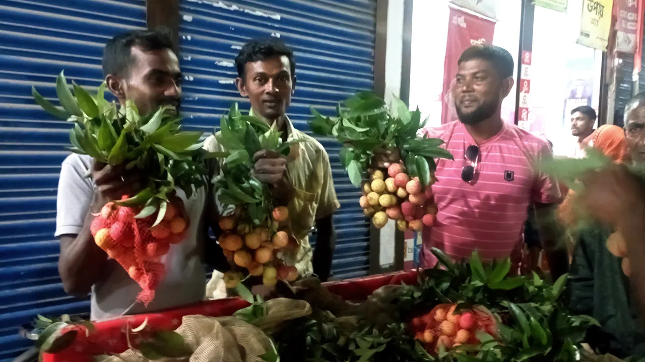 পৌরশহরের পুরাতন বাজারে বিক্রির জন্য সাজানো লিচু। ছবি : কালবেলা