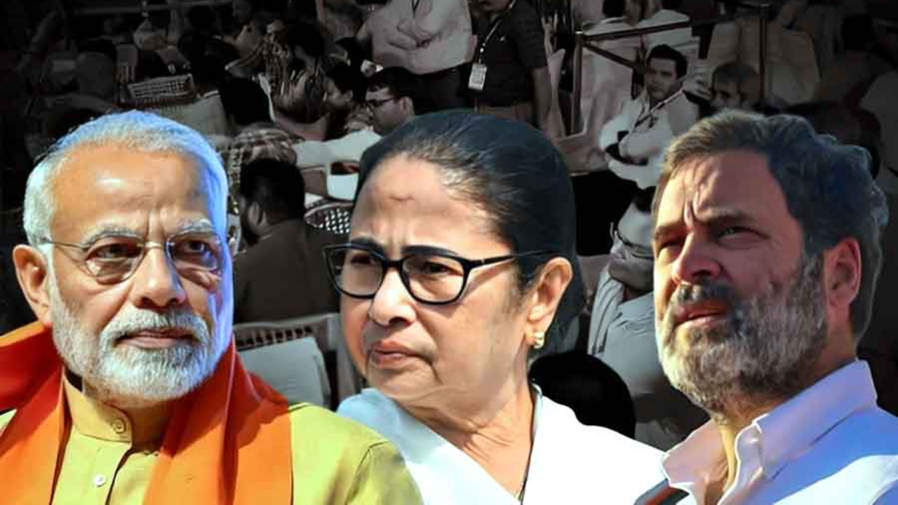 নরেন্দ্র মোদি, মমতা ব্যানার্জি ও রাহুল গান্ধী। ছবি : আনন্দবাজার