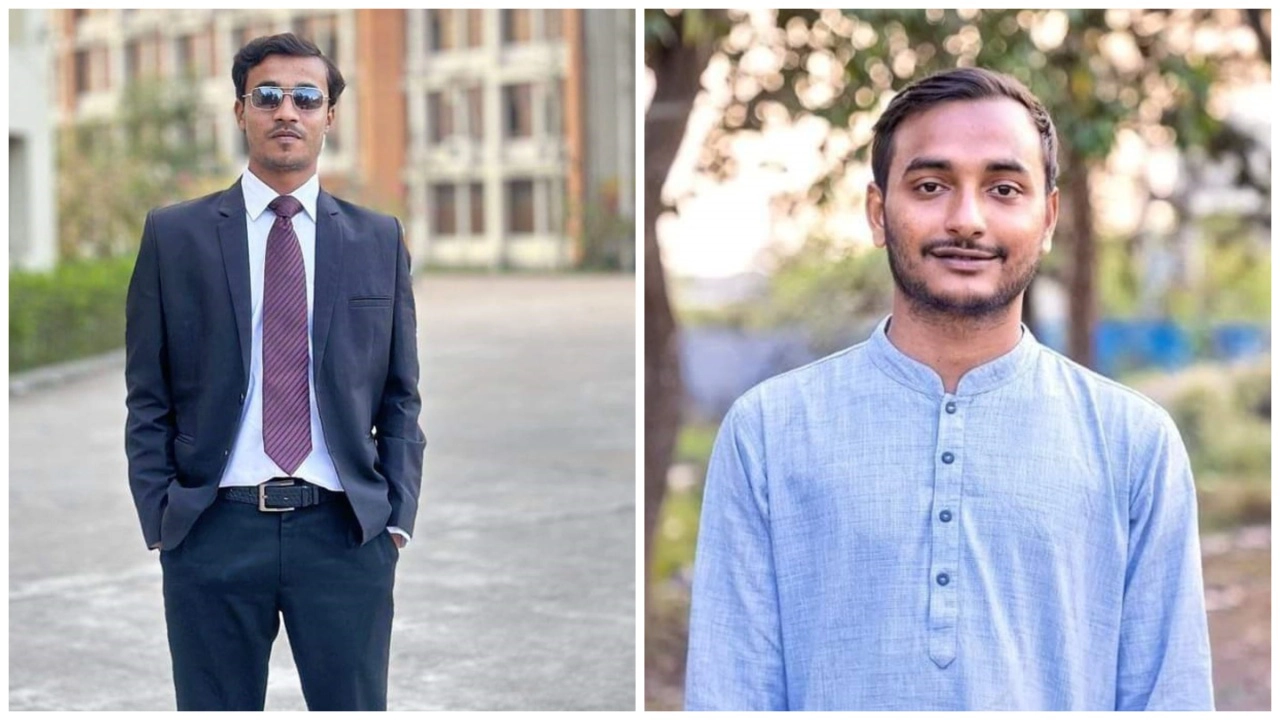 নোবিপ্রবি প্রেস ক্লাবের সভাপতি মিজান (বামে) ও সাধারণ সম্পাদক সুমন (ডানে)। ছবি : কালবেলা