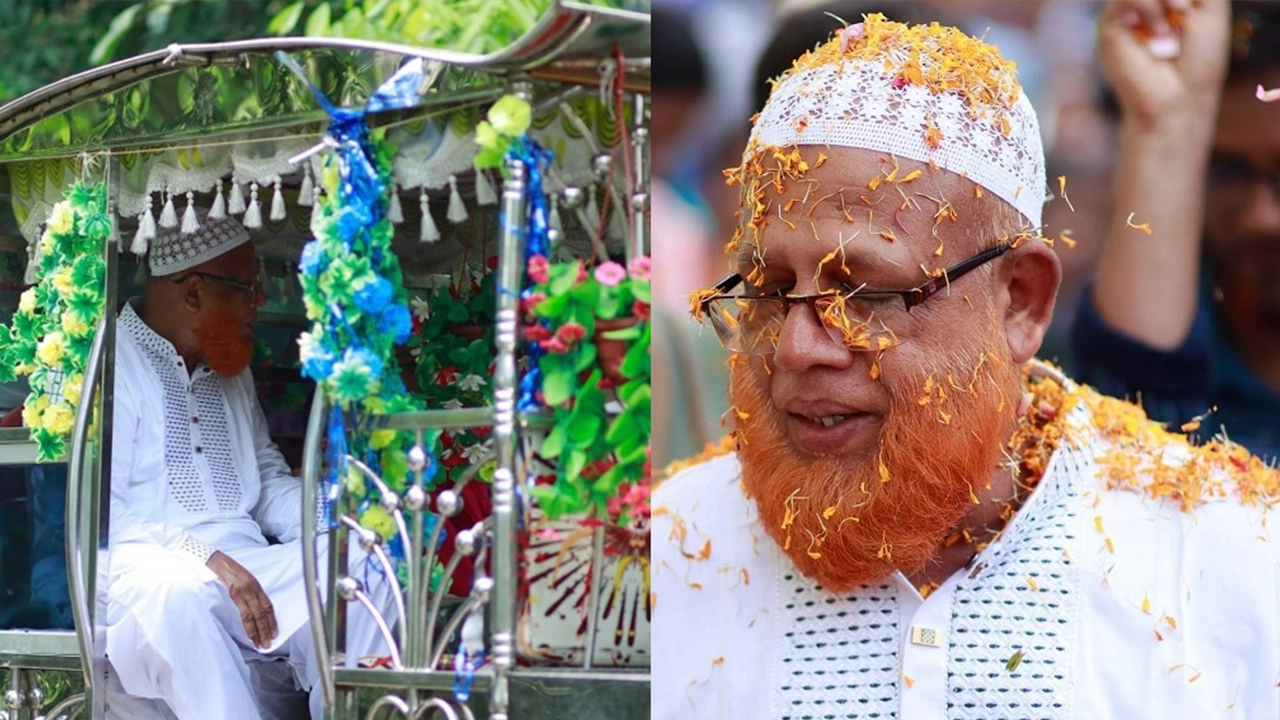 সাতক্ষীরার কালিগঞ্জে প্রধান শিক্ষক আবুজার গাফ্ফারীকে রাজসিক বিদায়। ছবি : কালবেলা