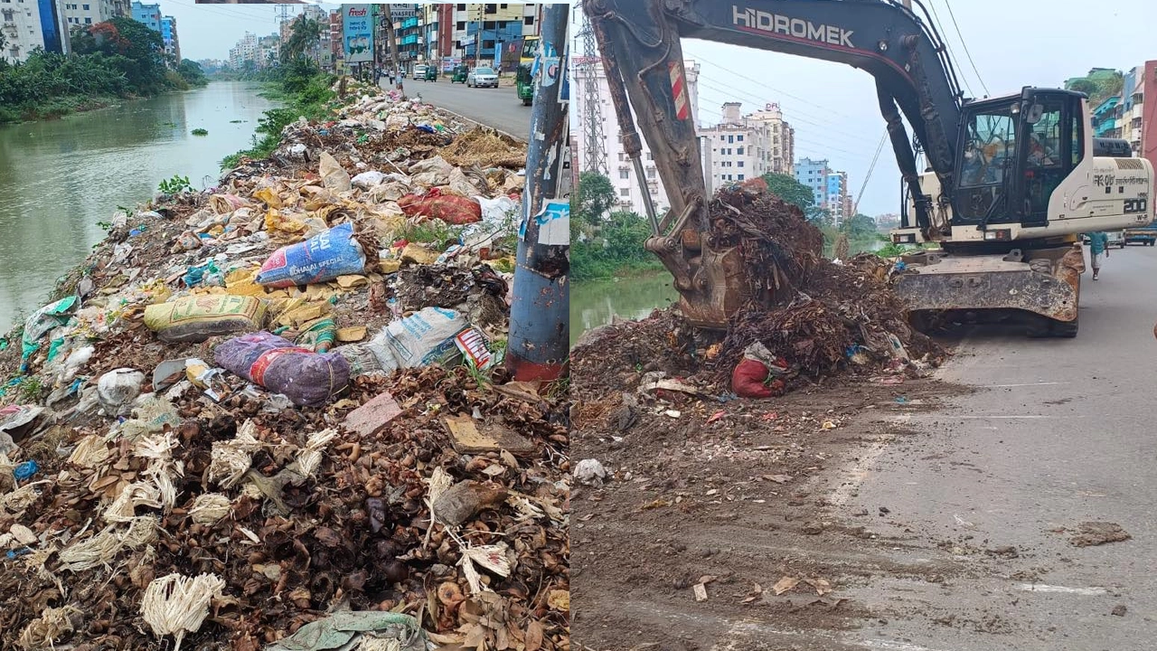 রামপুরায় বনশ্রী খাল পাড়ে ফেলে রাখা বর্জ্য অপসারণ করছে দক্ষিণ সিটির পরিচ্ছন্নতাকর্মীরা। ছবি : কালবেলা