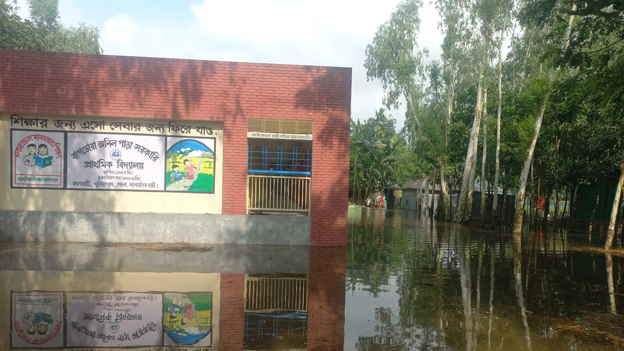 পানিতে নিমজ্জিত লালমনিরহাট সদরের বাগডোরা অনিল পাড়া সরকারি প্রাথমিক বিদ্যালয়। ছবি : কালবেলা