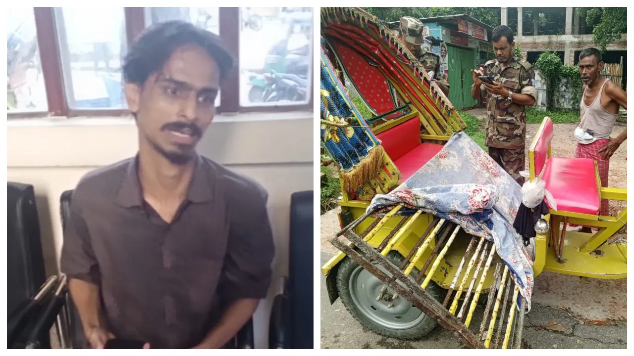 বাঁ থেকে- ছাত্রলীগ নেতা মো. জুয়েল ও রিকশায় জানালার গ্রিল। ছবি : কালবেলা