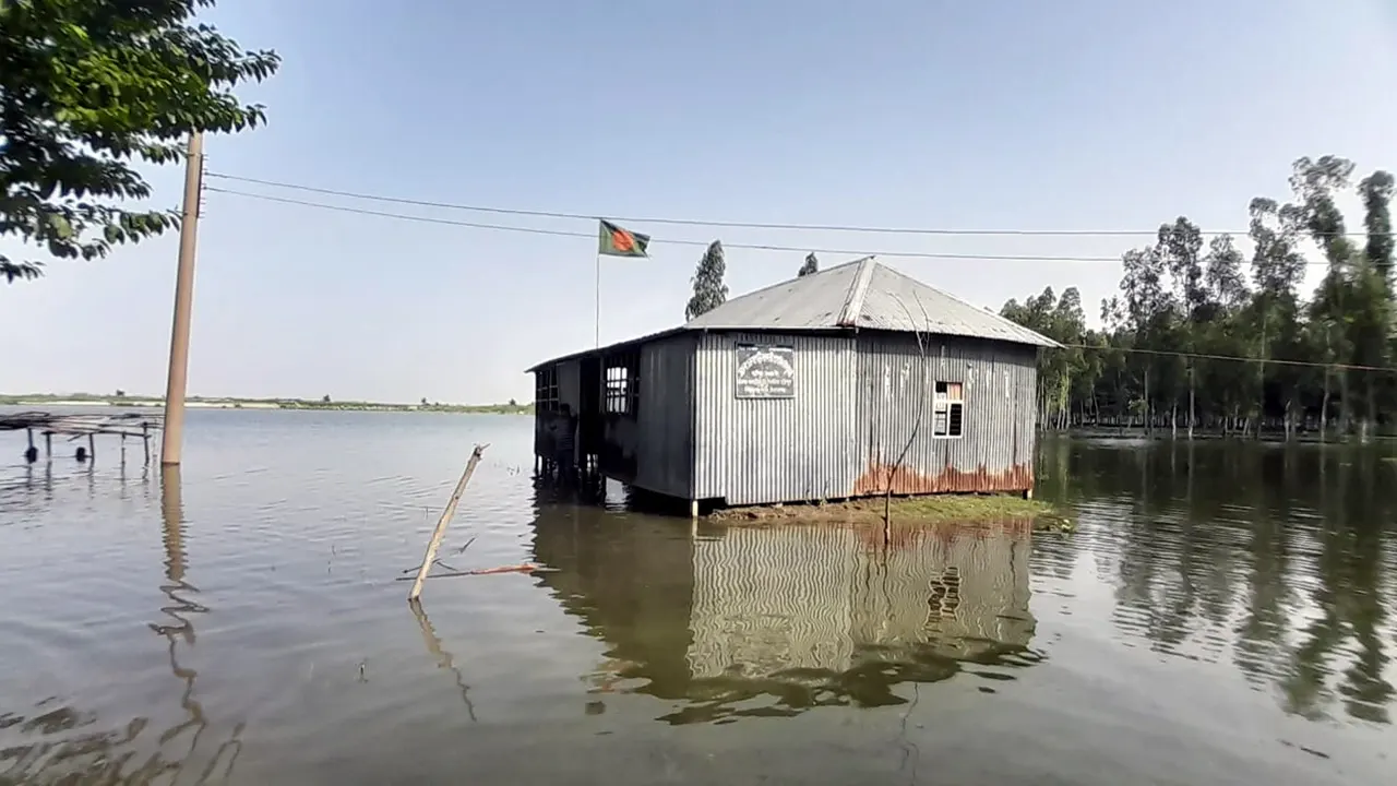 যমুনাপাড়ের একটি সরকারি প্রাথমিক বিদ্যালয় প্লাবিত। ছবি : কালবেলা