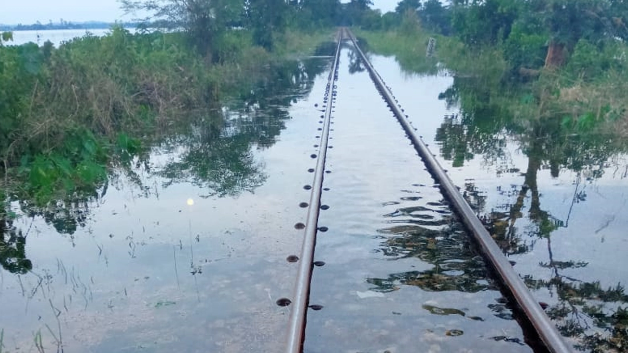 বন্যায় কুলাউড়ায় রেলপথে পানি উঠেছে। ছবি : কালবেলা