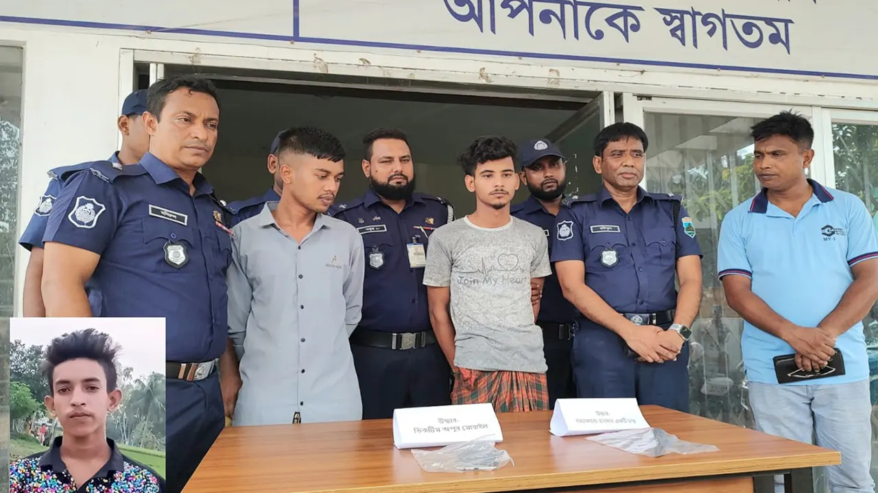 তপু হত্যাকাণ্ডের সঙ্গে জড়িত জয়নাল আবেদীন জয় ও ঈসা খালাসিকে গ্রেপ্তার করে পুলিশ। ইনসেটে তপু। ছবি : কালবেলা