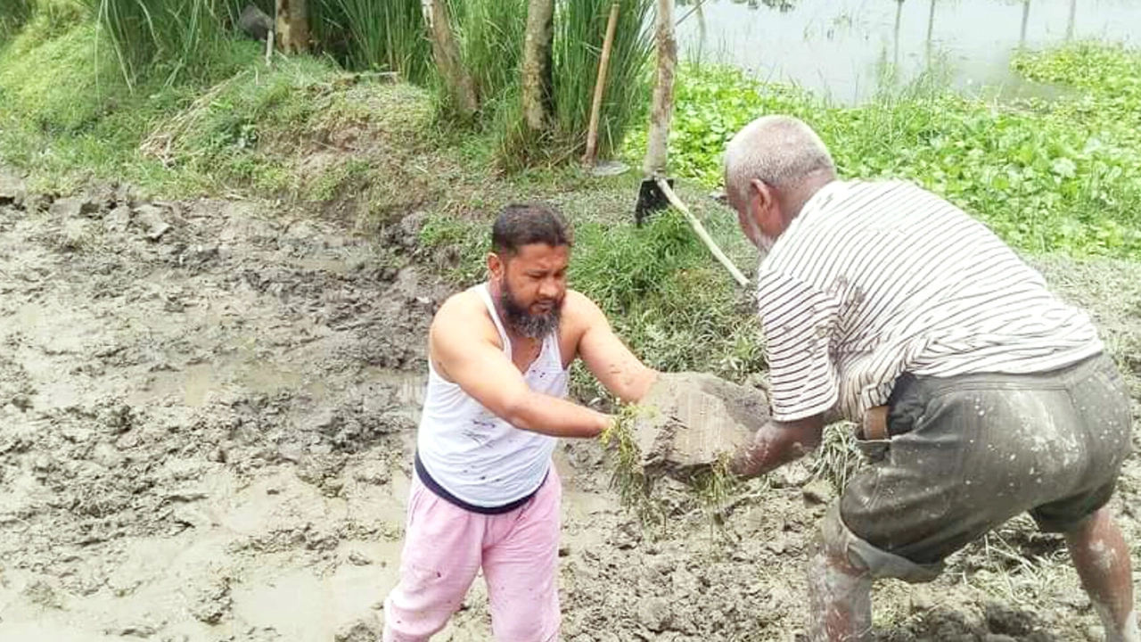রাস্তা নির্মাণে ব্যস্ত ইউপি চেয়ারম্যান আশরাফুল আলম এমু (বাঁয়ে)। ছবি : কালবেলা