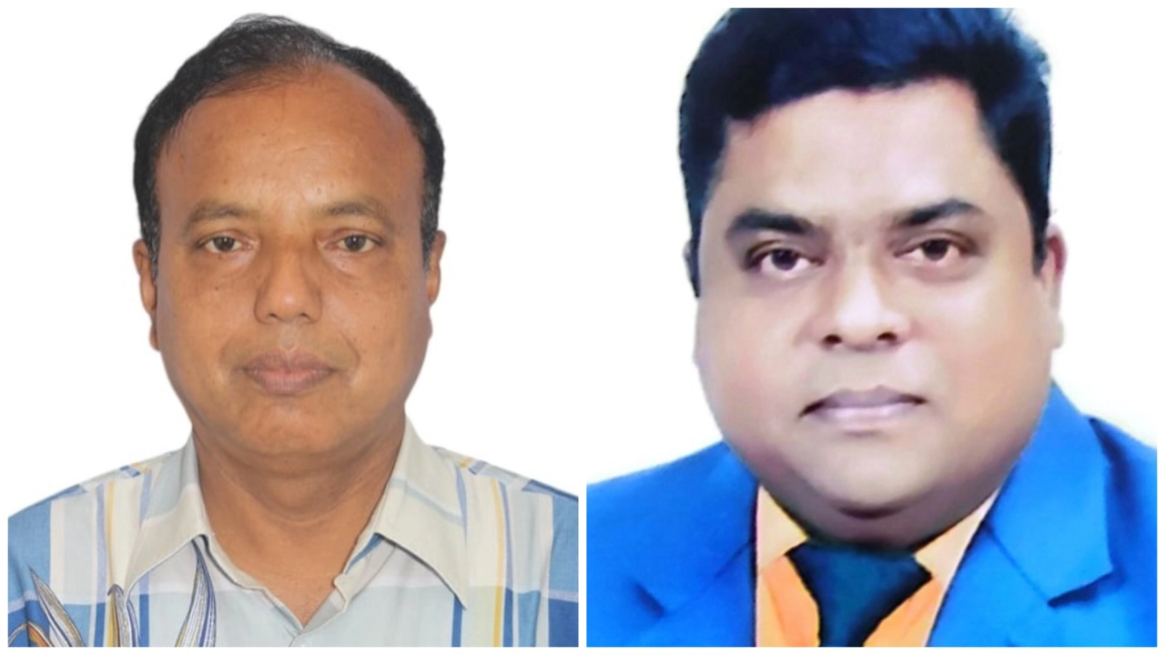 খুলনা টিভি রিপোর্টার্স ইউনিটির সভাপতি মল্লিক সুধাংশু (বামে) ও সাধারণ সম্পাদক তরিকুল ইসলাম (ডানে)। ছবি : কালবেলা