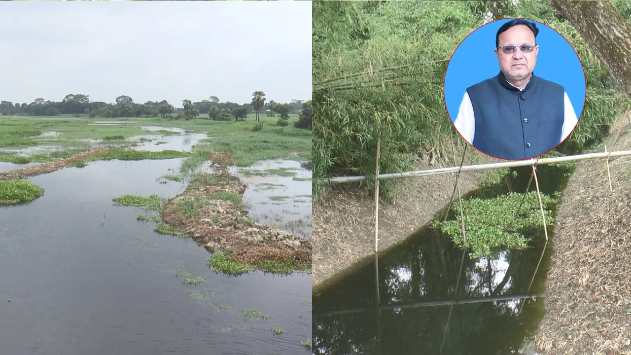 বাঁ থেকে আড়িয়াল খাঁ নদ ও পাশের একটি খাল। ইনসেটে ভান্ডারীকান্দি ইউনিয়ন পরিষদের চেয়ারম্যান আবুল কালাম চোকদার। ছবি : কালবেলা